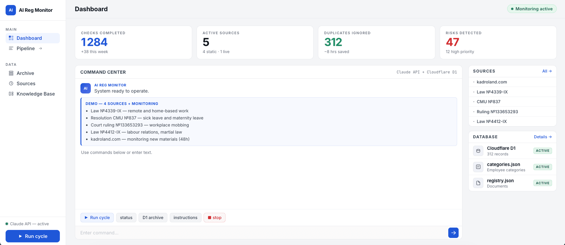 Regulatory monitoring dashboard showing filtered update feed, relevance scores, and jurisdiction breakdown